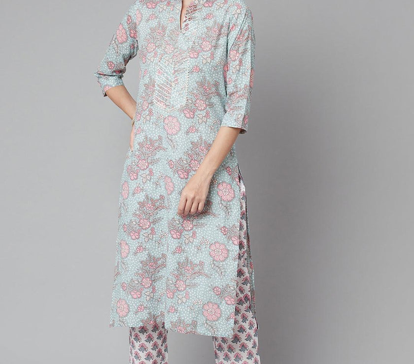 Divena Grey Pastel floral Printed Cotton kurta pant set - divena world