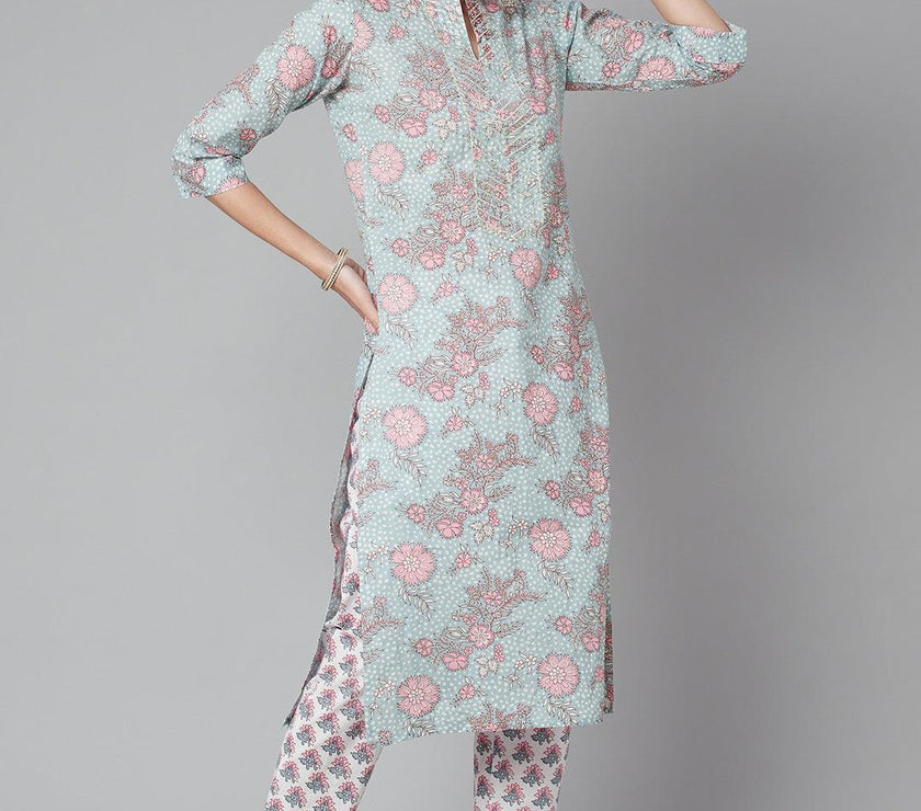 Divena Grey Pastel floral Printed Cotton kurta pant set - divena world