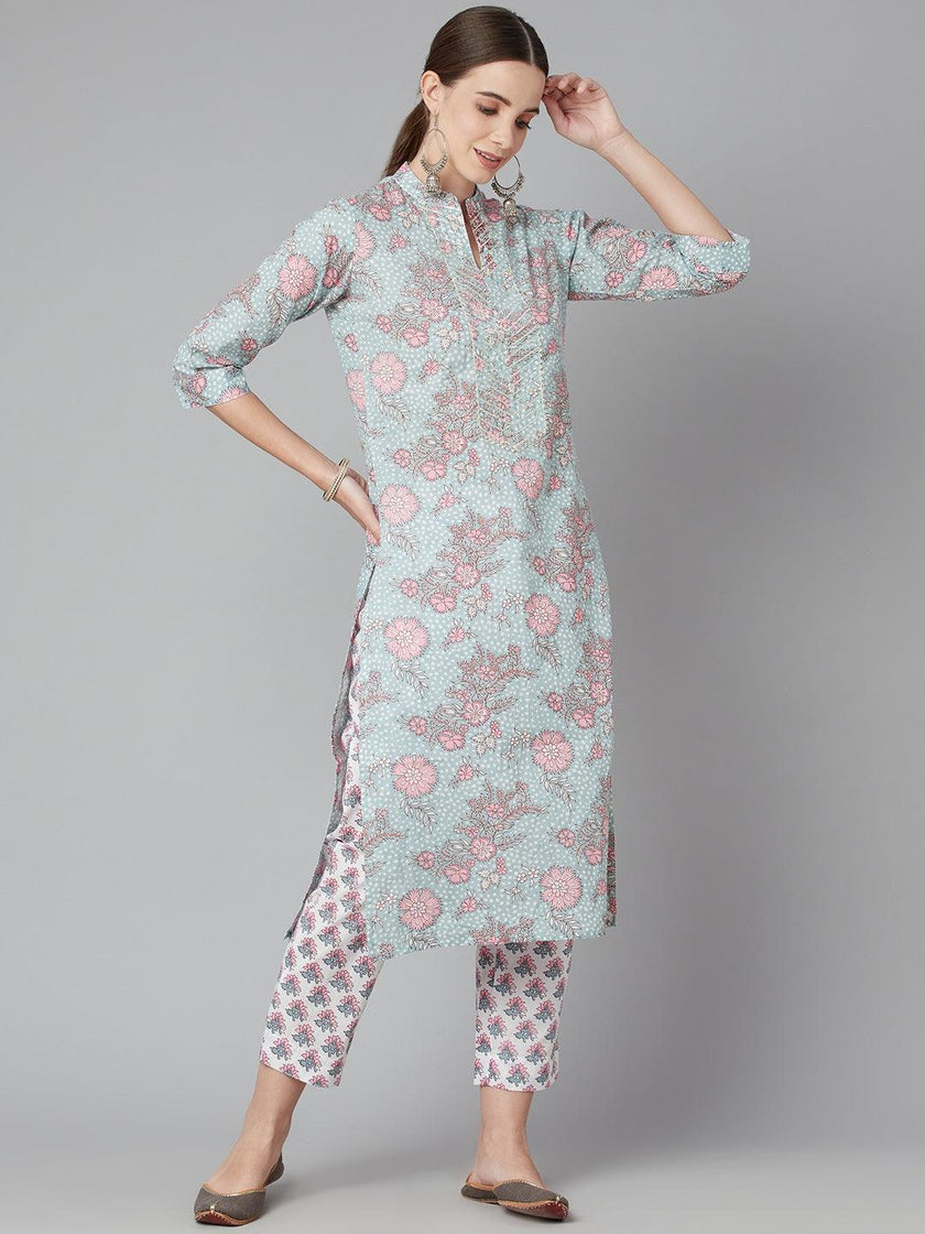 Divena Grey Pastel floral Printed Cotton kurta pant set - divena world