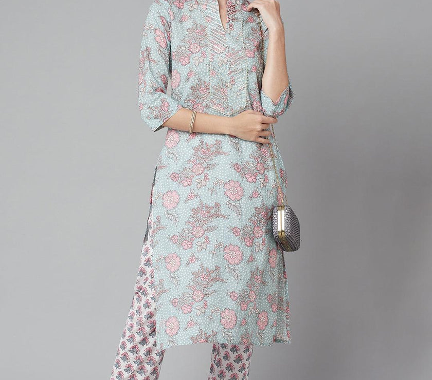 Divena Grey Pastel floral Printed Cotton kurta pant set - divena world