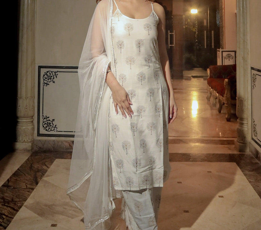 Divena white shoulder strip Kurta Palazoo set with net Dupatta - divenaworld.com