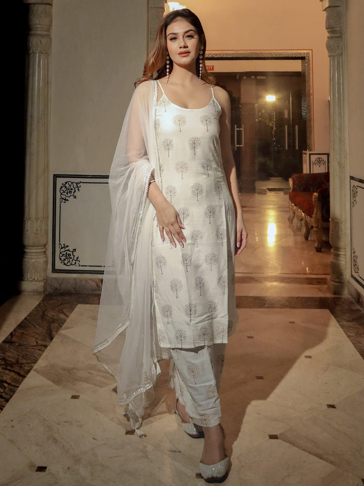 Divena white shoulder strip Kurta Palazoo set with net Dupatta - divenaworld.com