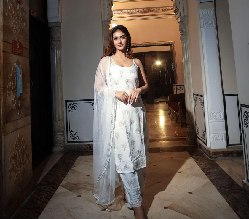 Divena white shoulder strip Kurta Palazoo set with net Dupatta - divenaworld.com