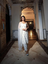 Divena white shoulder strip Kurta Palazoo set with net Dupatta - divenaworld.com