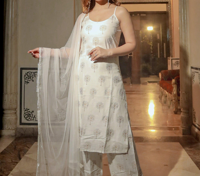 Divena white shoulder strip Kurta Palazoo set with net Dupatta - divenaworld.com