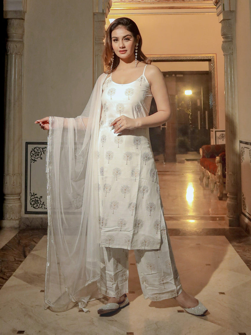 Divena white shoulder strip Kurta Palazoo set with net Dupatta - divenaworld.com