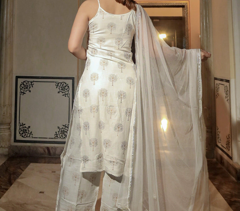 Divena white shoulder strip Kurta Palazoo set with net Dupatta - divenaworld.com