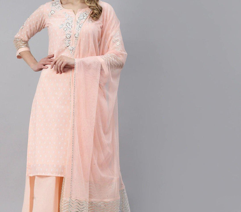 Divena Light Pink Kurta Palazzo Set with Net Dupatta - divena world