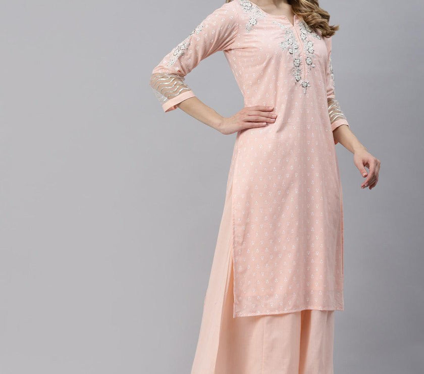 Divena Light Pink Kurta Palazzo Set with Net Dupatta - divena world