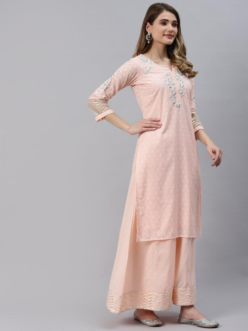 Divena Light Pink Kurta Palazzo Set with Net Dupatta - divena world