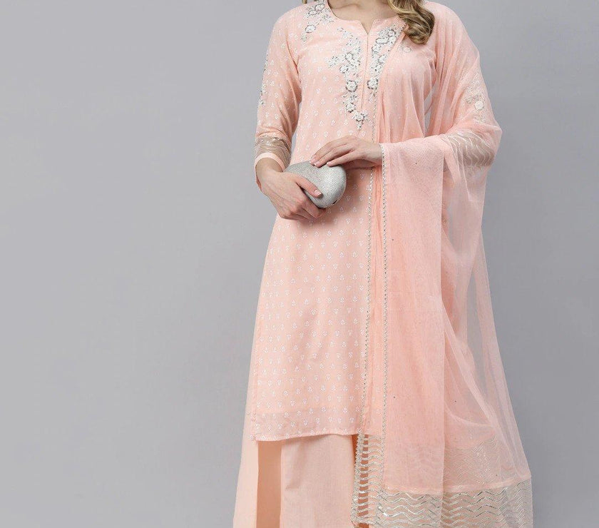 Divena Light Pink Kurta Palazzo Set with Net Dupatta - divena world