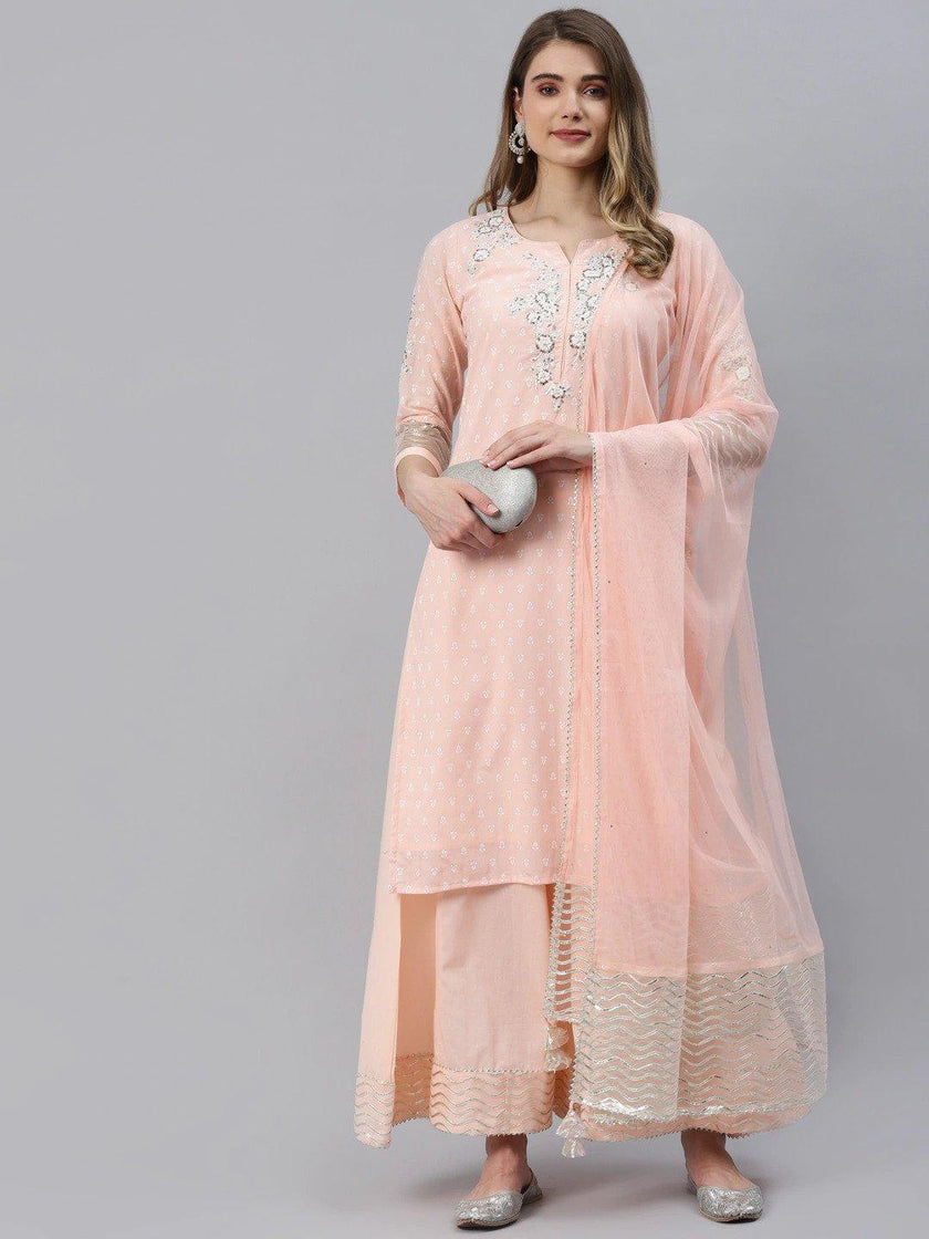 Divena Light Pink Kurta Palazzo Set with Net Dupatta - divena world