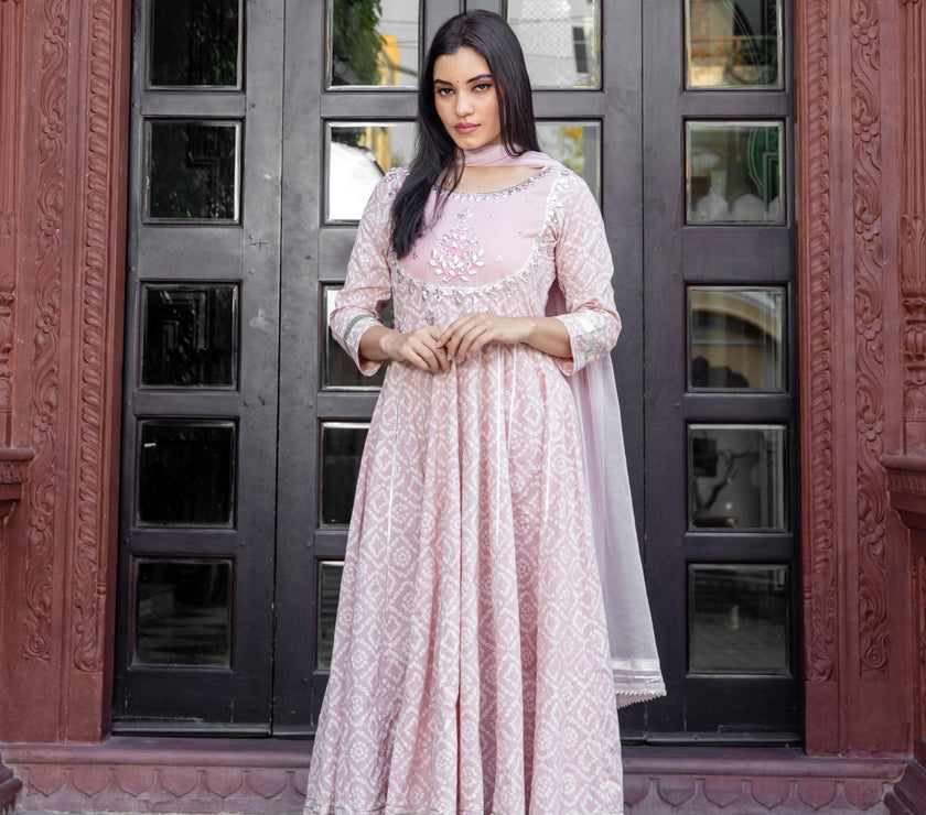 Divena Light Pink Cotton Anarkali Gown Pant set with Net Dupatta - divenaworld.com