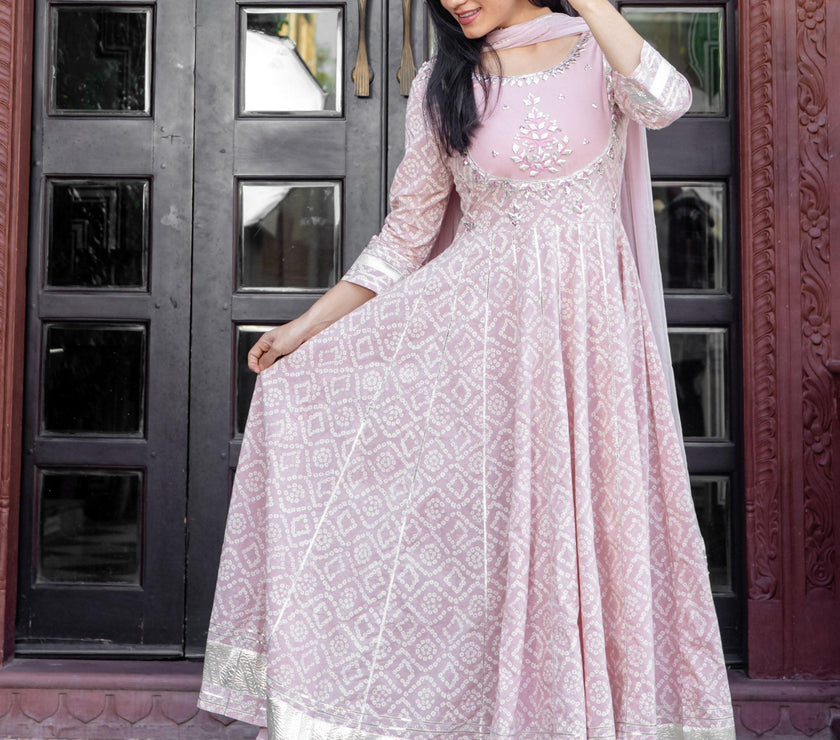 Divena Light Pink Cotton Anarkali Gown Pant set with Net Dupatta - divenaworld.com