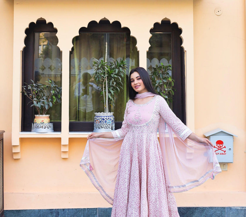 Divena Light Pink Cotton Anarkali Gown Pant set with Net Dupatta - divenaworld.com