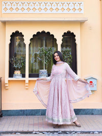 Divena Light Pink Cotton Anarkali Gown Pant set with Net Dupatta - divenaworld.com