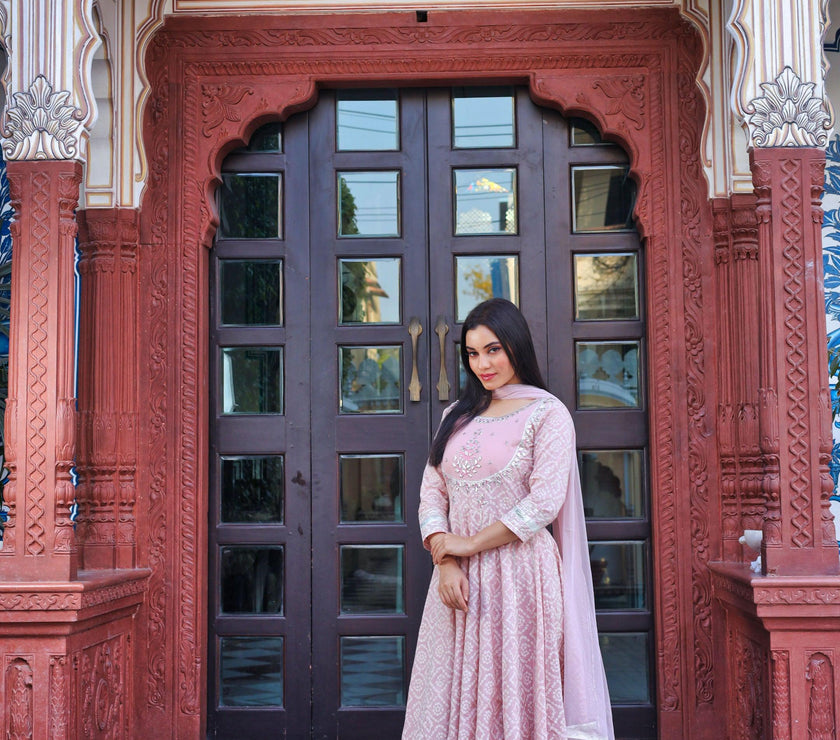 Divena Light Pink Cotton Anarkali Gown Pant set with Net Dupatta - divenaworld.com