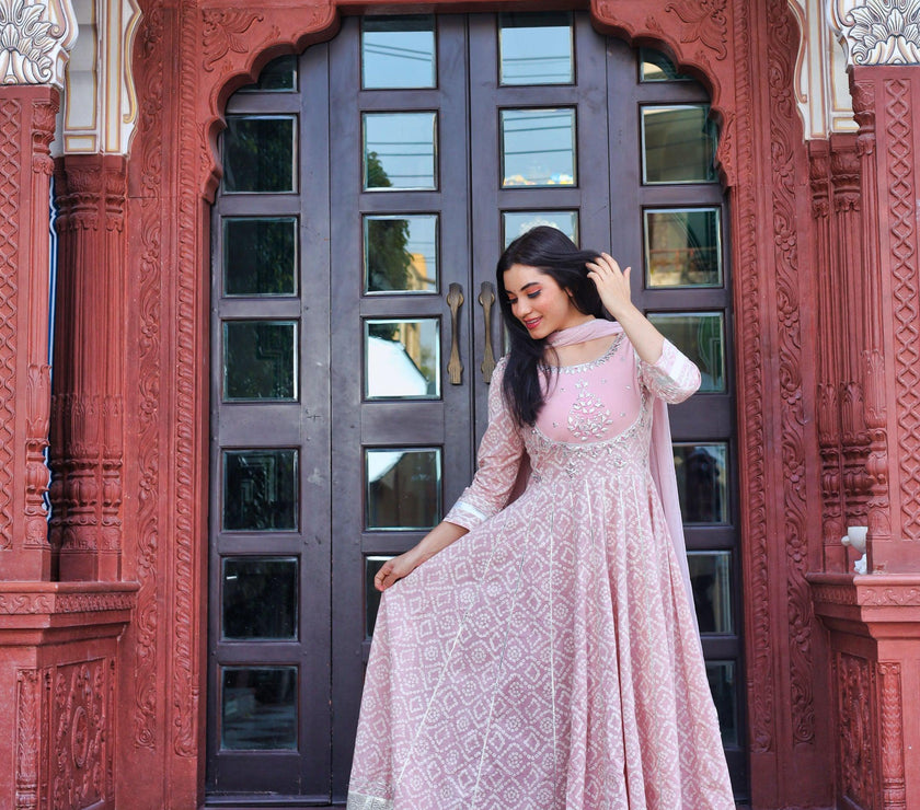 Divena Light Pink Cotton Anarkali Gown Pant set with Net Dupatta - divenaworld.com