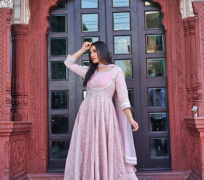 Divena Light Pink Cotton Anarkali Gown Pant set with Net Dupatta - divenaworld.com