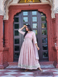 Divena Light Pink Cotton Anarkali Gown Pant set with Net Dupatta - divenaworld.com