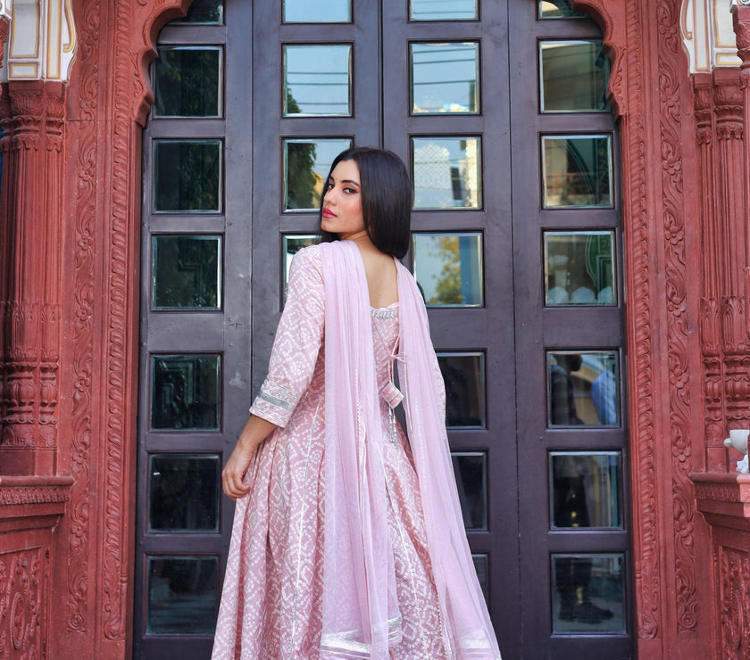 Divena Light Pink Cotton Anarkali Gown Pant set with Net Dupatta - divenaworld.com