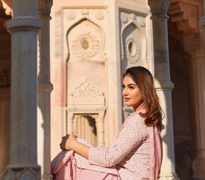 Divena Light Pink Cotton Straight Kurta Palazzo set with Dupatta - divenaworld.com