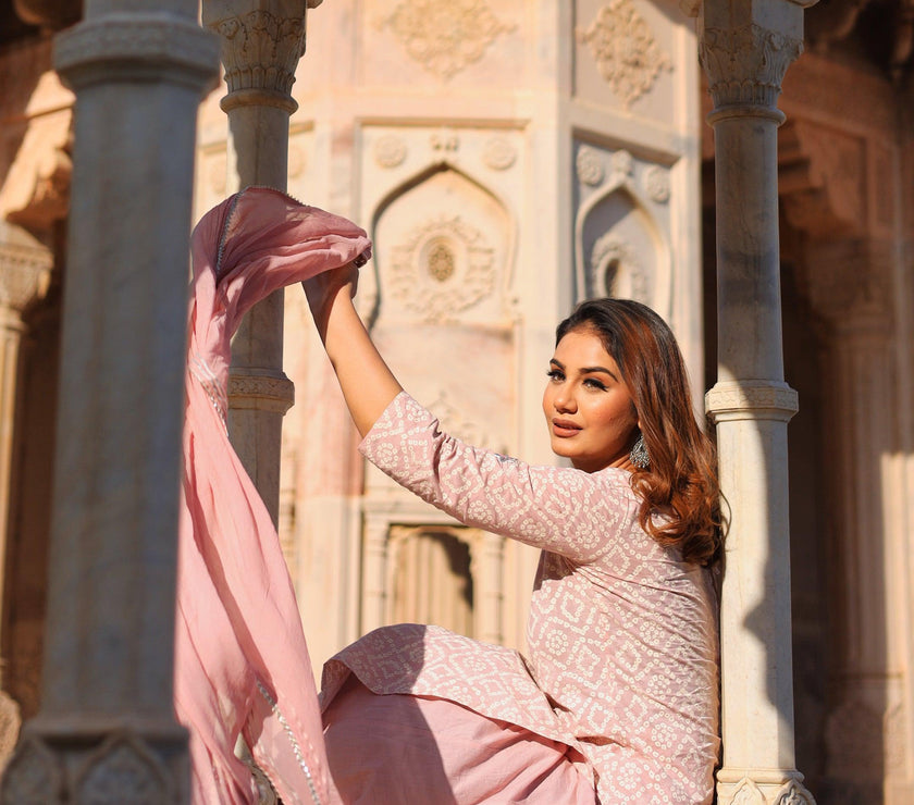 Divena Light Pink Cotton Straight Kurta Palazzo set with Dupatta - divenaworld.com