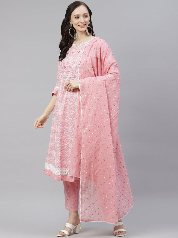 Divena Pink Cotton A-line kurta Pant set with Dupatta - divena world