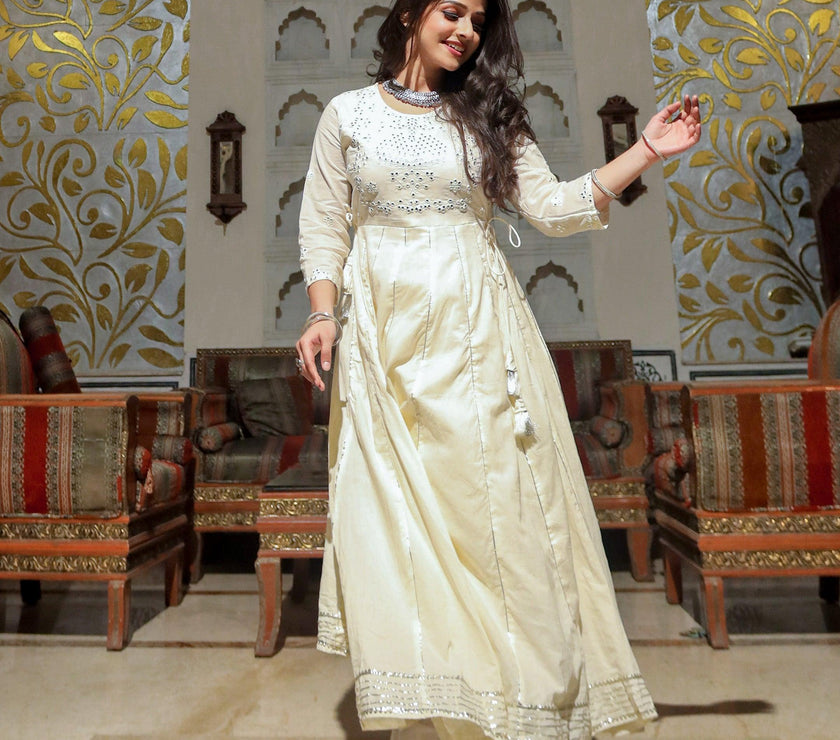 Divena Off White Cotton Anarkali kurta Pant Set - divenaworld.com