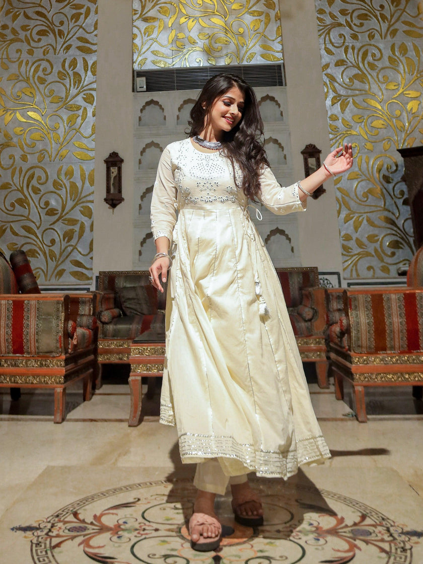 Divena Off White Cotton Anarkali kurta Pant Set - divenaworld.com