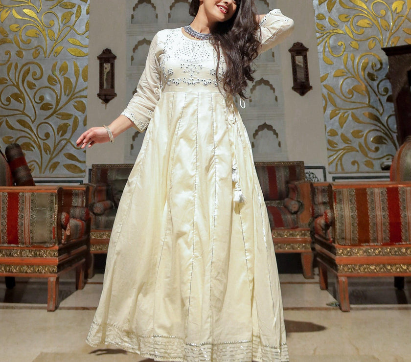 Divena Off White Cotton Anarkali kurta Pant Set - divenaworld.com