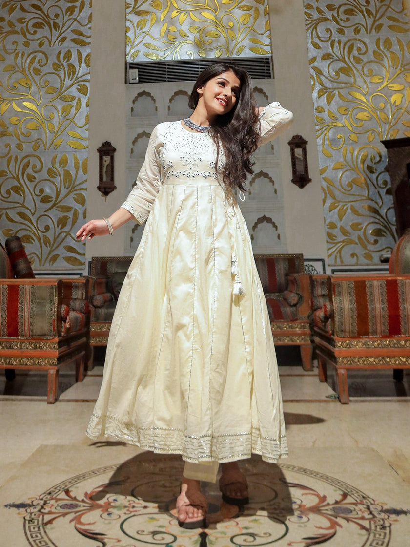 Divena Off White Cotton Anarkali kurta Pant Set - divenaworld.com