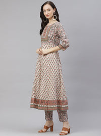 Divena Off white Floral anarkali kurta pant set with Dupatta - divena world