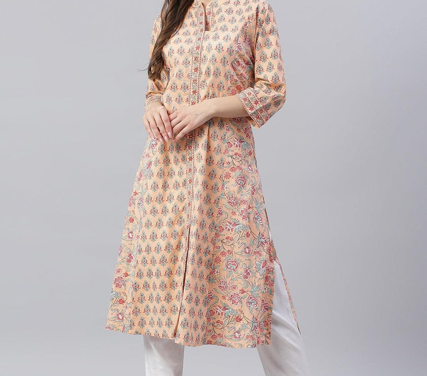 Divena Divena Peach Cotton A-line Kurta - divena world