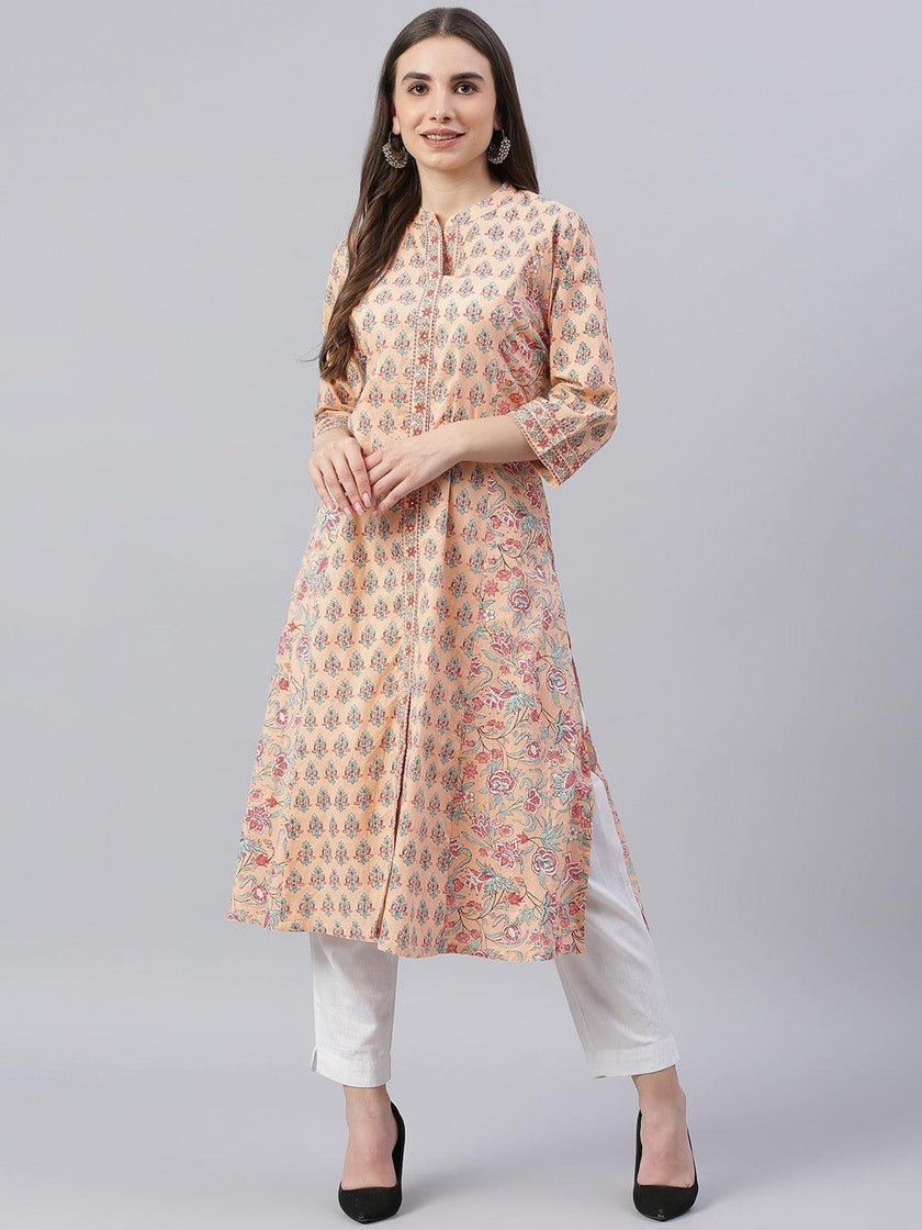 Divena Divena Peach Cotton A-line Kurta - divena world