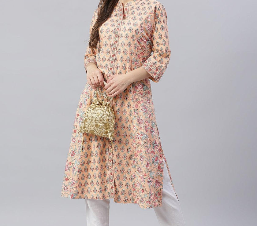 Divena Divena Peach Cotton A-line Kurta - divena world