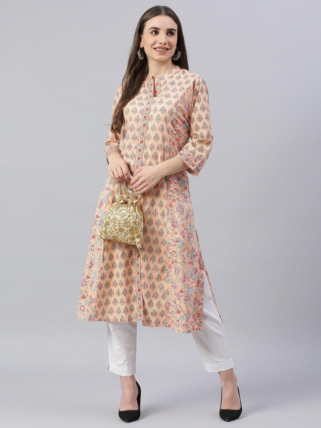 Divena Divena Peach Cotton A-line Kurta - divena world