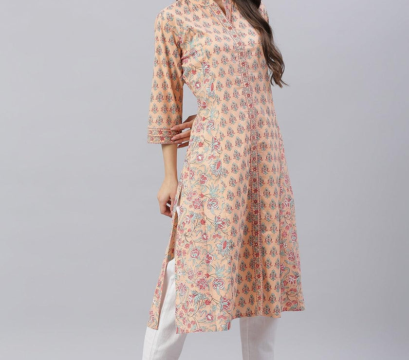 Divena Divena Peach Cotton A-line Kurta - divena world