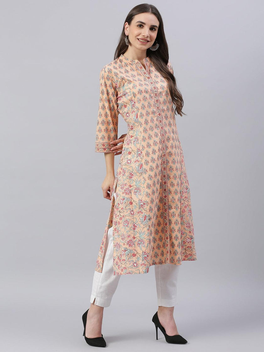 Divena Divena Peach Cotton A-line Kurta - divena world