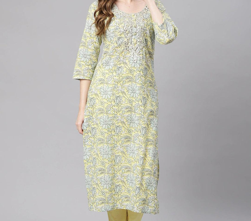 Divena yellow Cotton Straight Kurta pant set - divena world