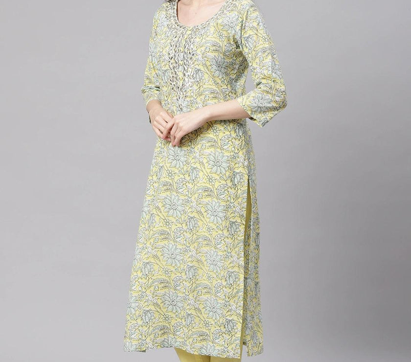 Divena yellow Cotton Straight Kurta pant set - divena world