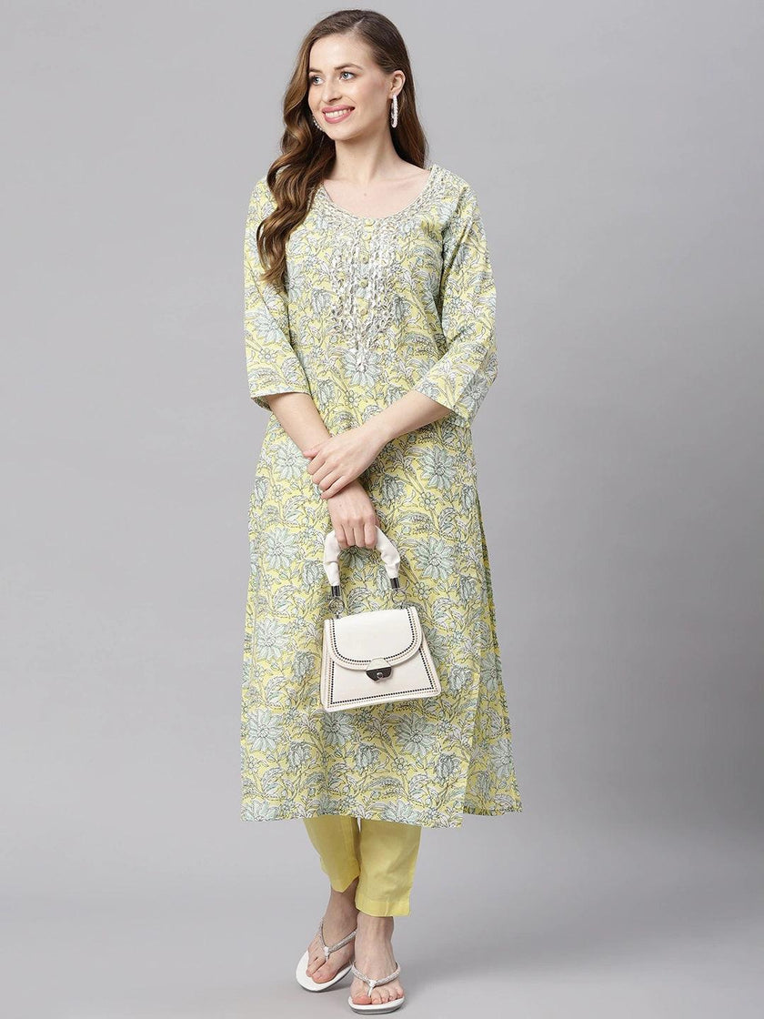 Divena yellow Cotton Straight Kurta pant set - divena world