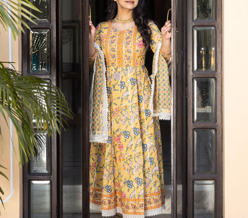 Divena Yellow Floral anarkali Pant Set with Dupatta - divenaworld.com