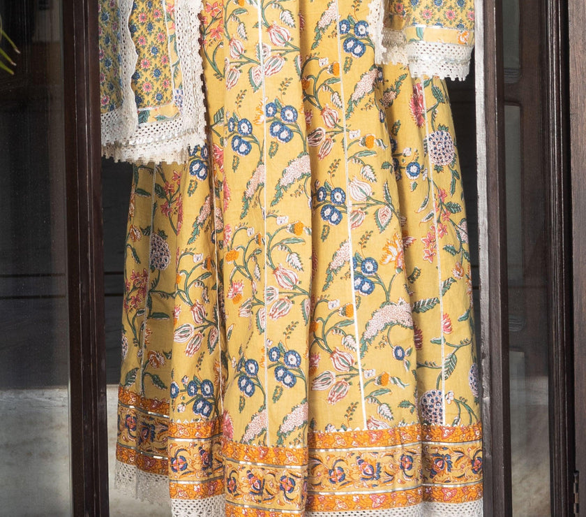 Divena Yellow Floral anarkali Pant Set with Dupatta - divenaworld.com