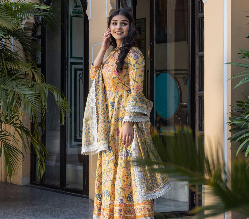 Divena Yellow Floral anarkali Pant Set with Dupatta - divenaworld.com