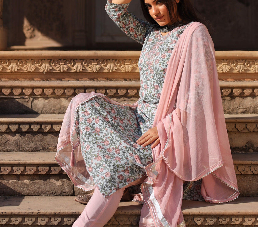 Divena Pastel Blue Floral straight Cotton Kurta Pant set with Dupatta - divenaworld.com