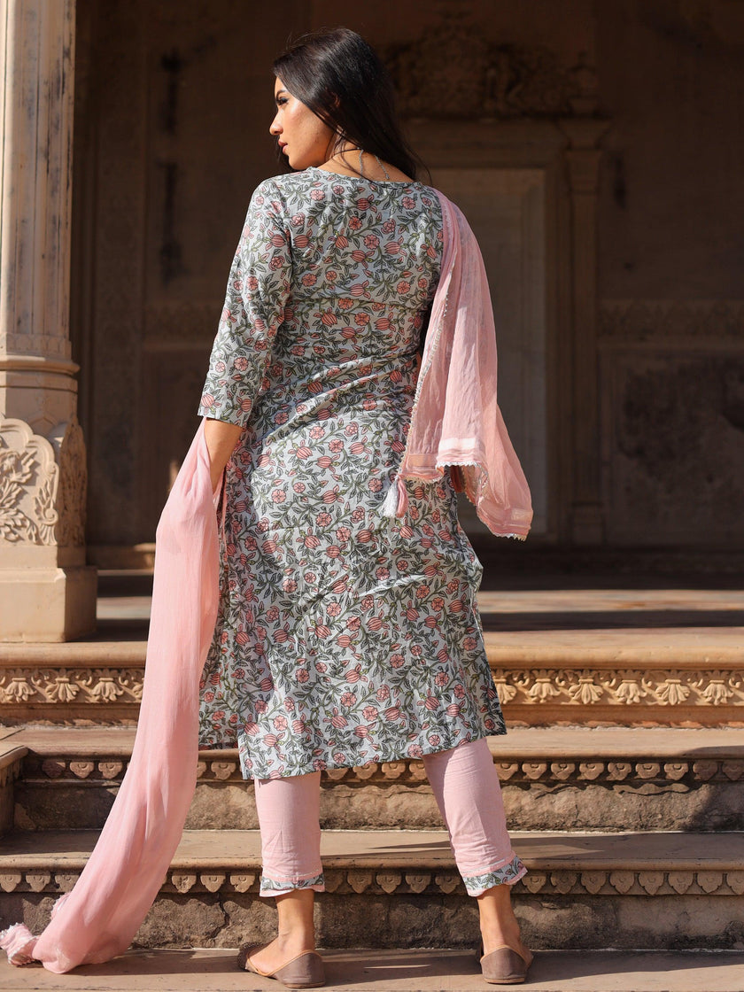 Divena Pastel Blue Floral straight Cotton Kurta Pant set with Dupatta - divenaworld.com