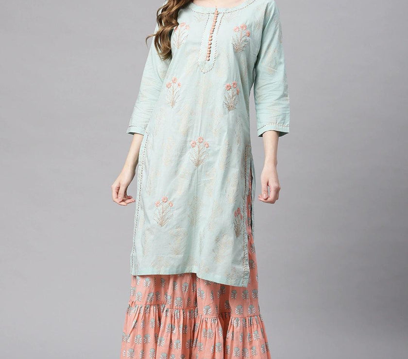 Divena Sea Green & Peach Cotton Kurta Sharara Set - divena world