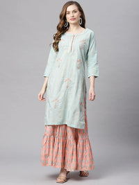 Divena Sea Green & Peach Cotton Kurta Sharara Set - divena world