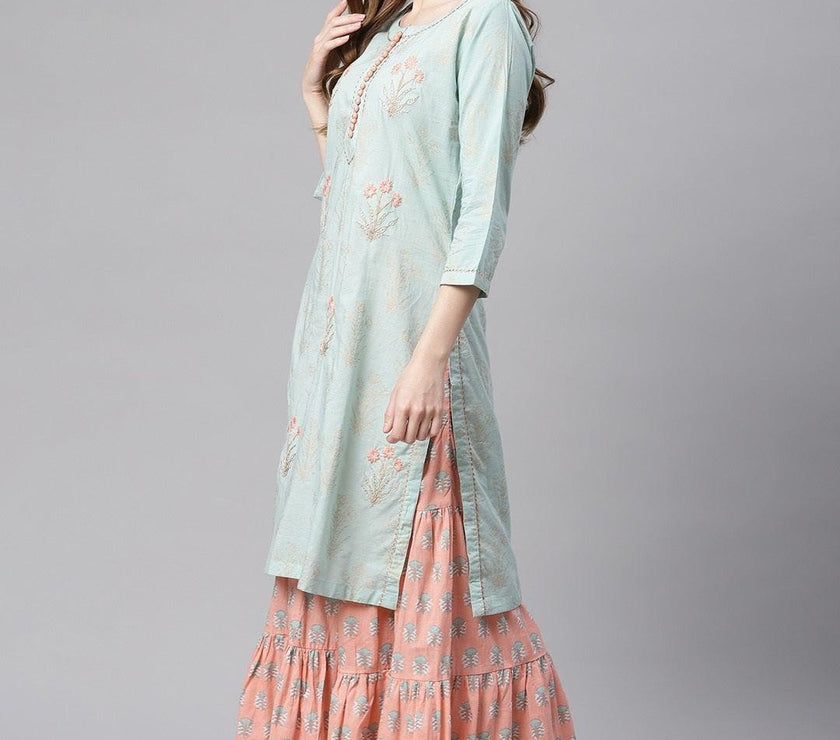 Divena Sea Green & Peach Cotton Kurta Sharara Set - divena world